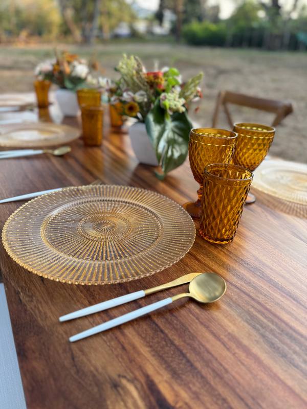 Amber glassware: Textured amber goblets and tumblers