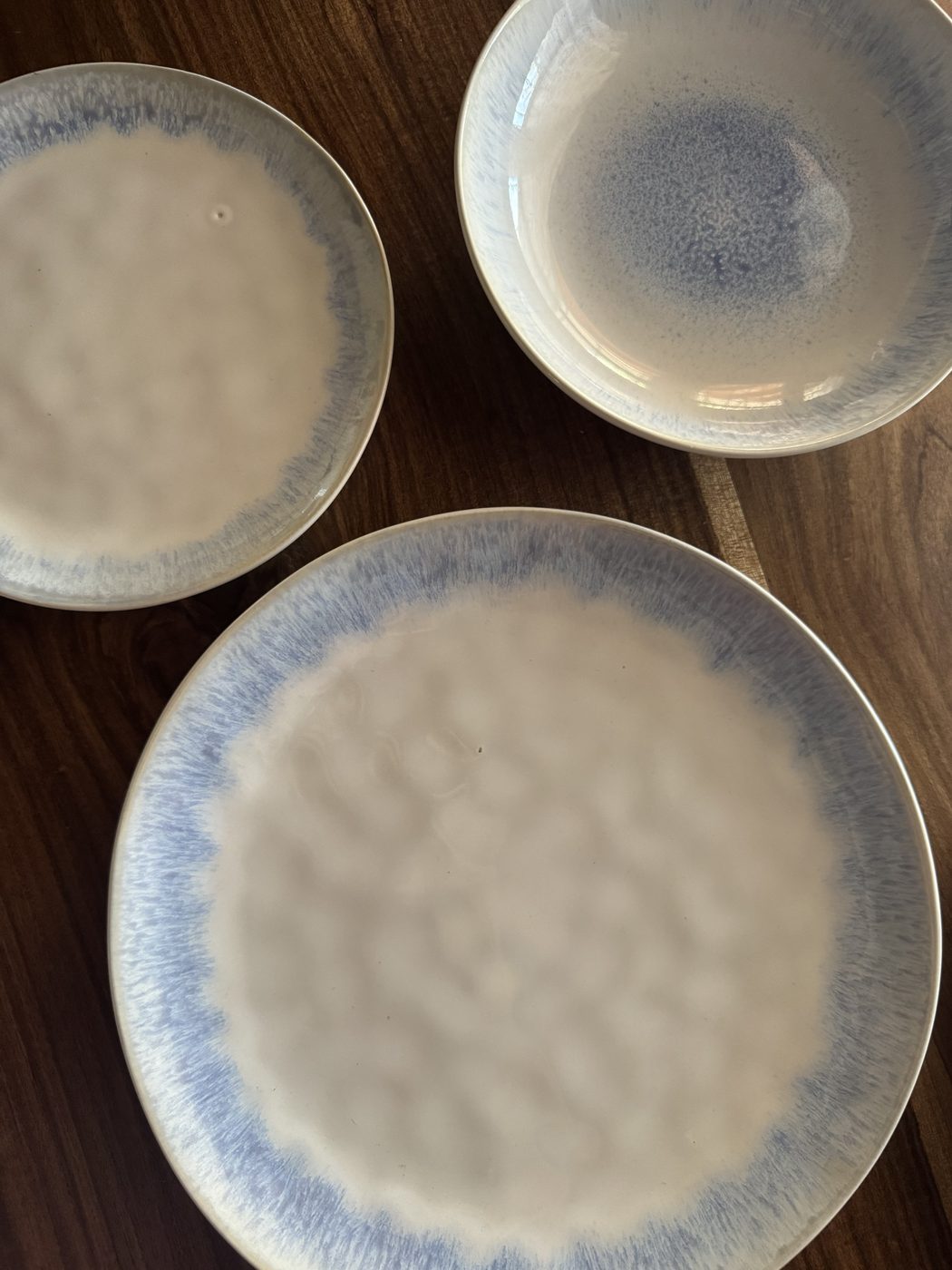 Blue glaze ceramic set: Dinner plate, side plate and bowl with a blue glaze