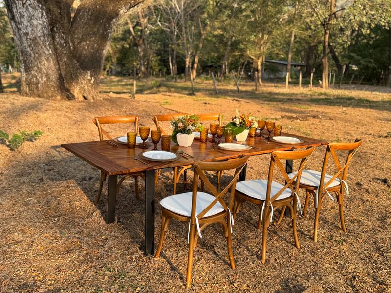 Brown oak crossback chair: Oak wood crossback chair in brown coffee, styled at an event