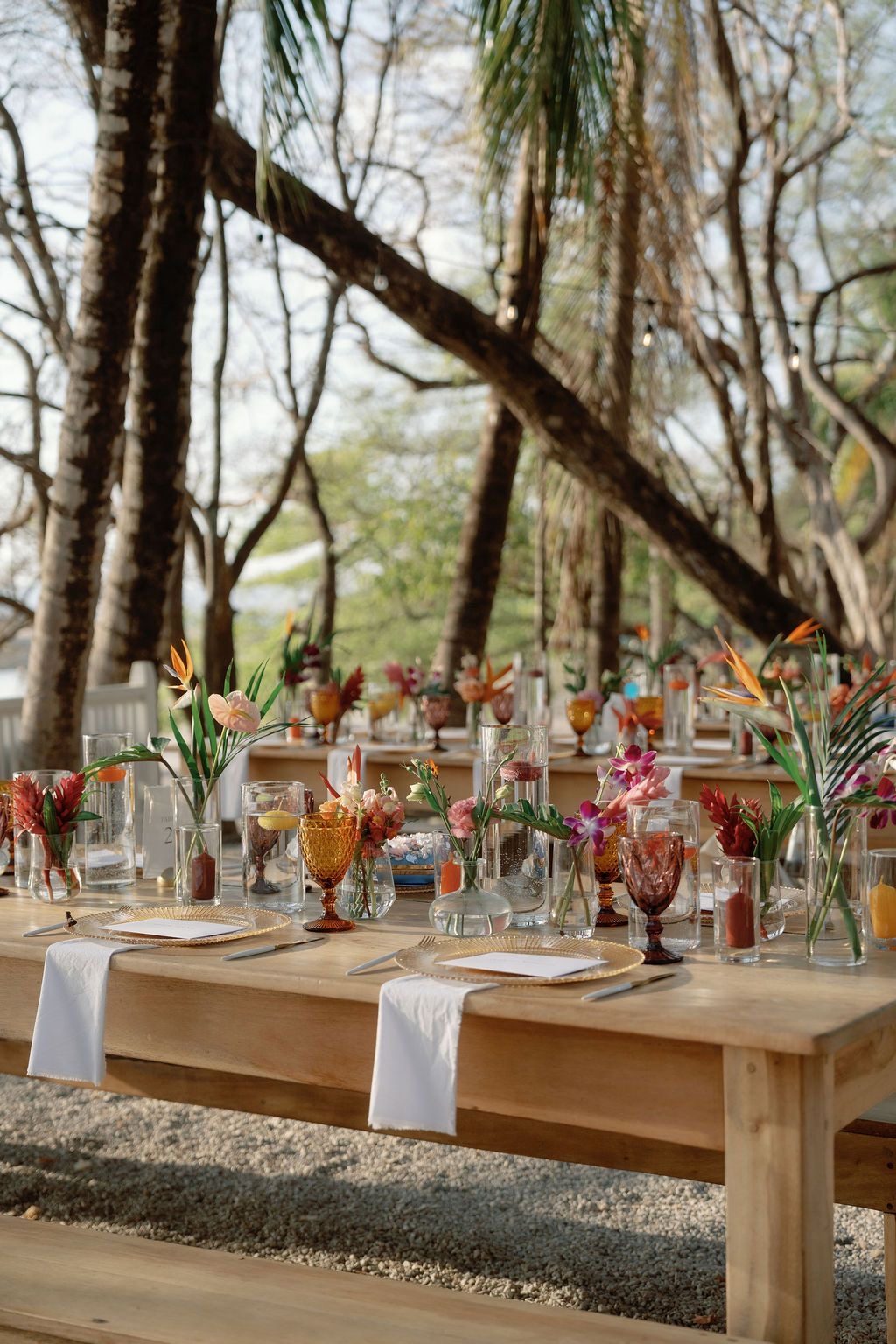 Long wedding tables under the trees with our chargers and glassware