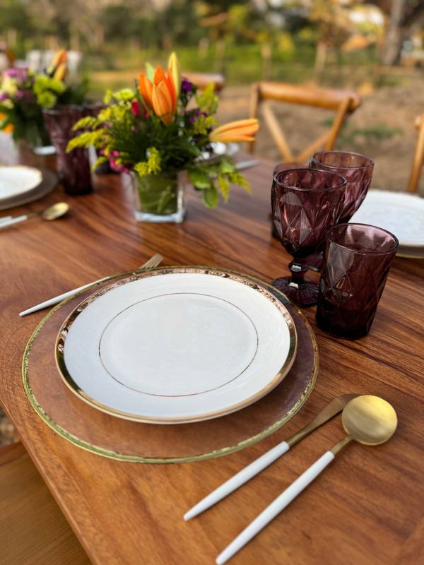 Gold and white cutlery: Gold cutlery with white handles, styled at an event