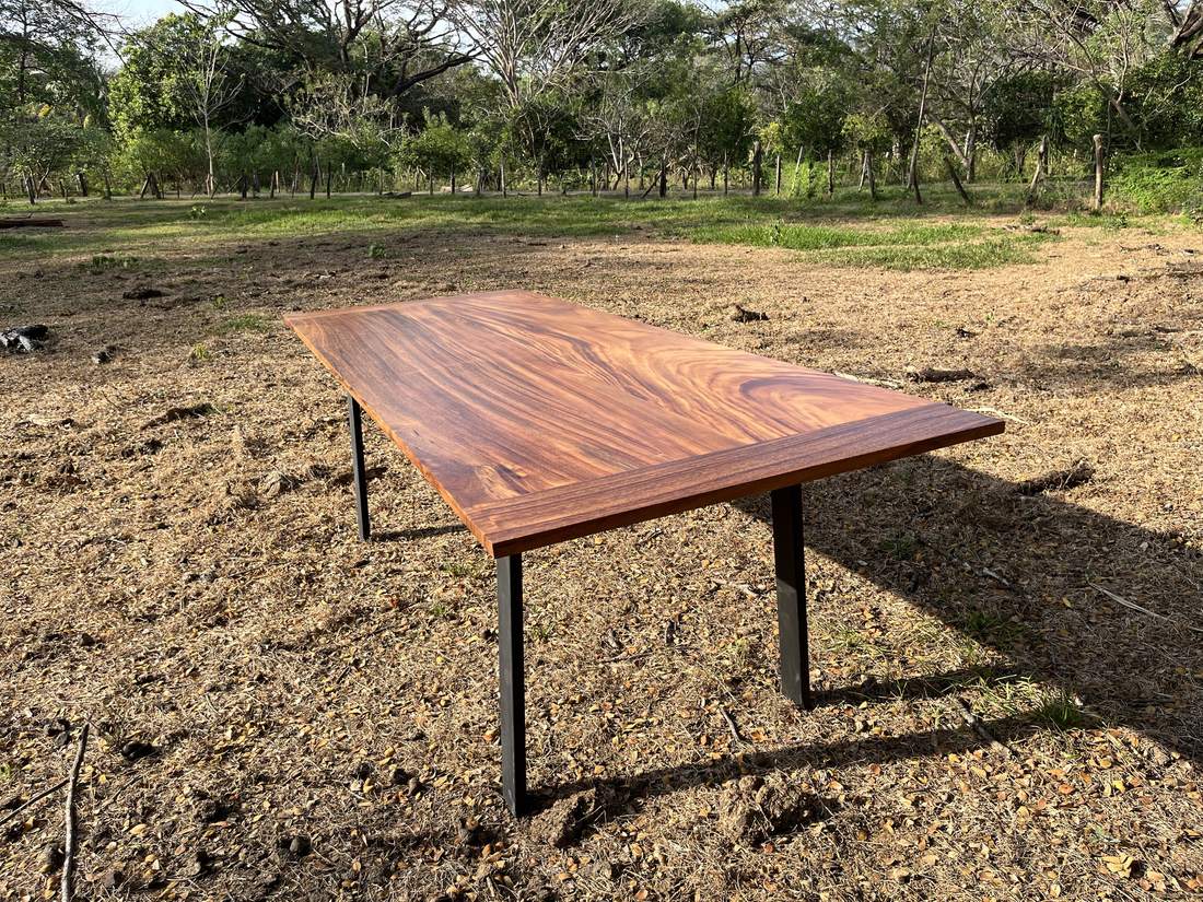 Guanacaste table: Handmade guanacaste wood table with steel legs, showing the wood grain