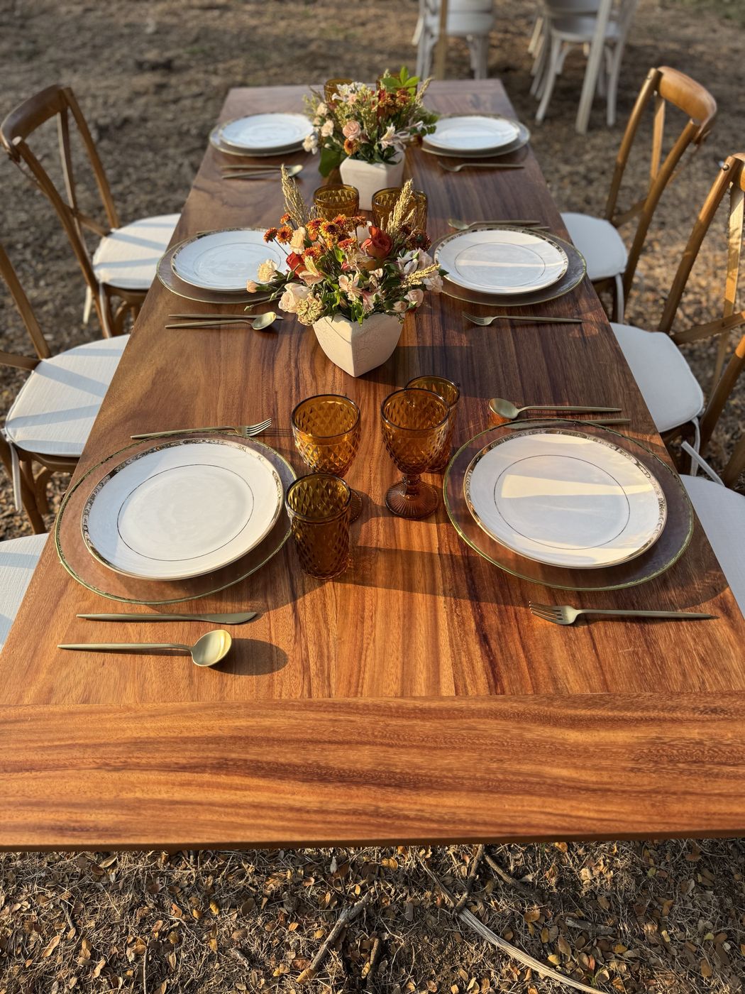 Guanacaste table: Set with glass chargers, gold-rim plates, amber glassware and brown crossback chairs