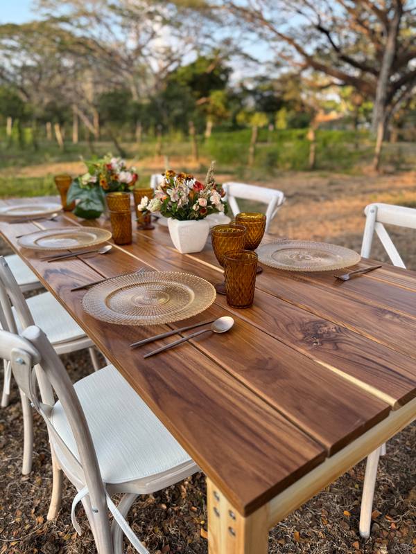 Teak table: Handmade teak wood table, styled at an event
